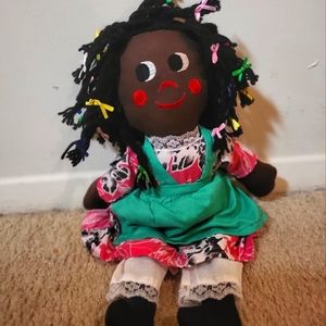Vintage Gambina Black AA Cloth Rag Doll with Braids & Bows Embroidered Features